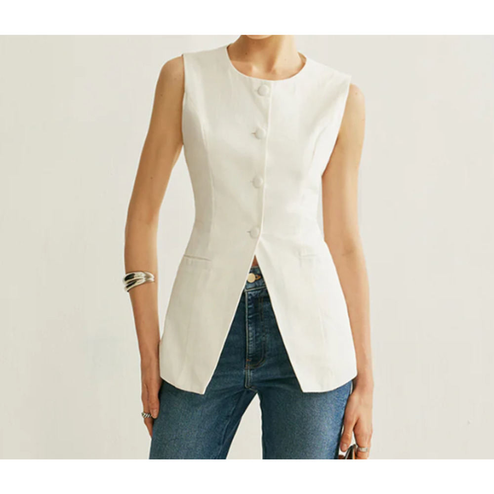 Commense Button Front Cotton Linen Vest White Large Classic Minimalist Quiet